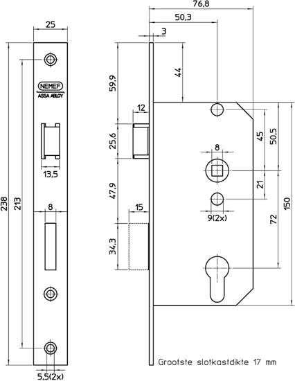 Afbeeldingen van 569/4-50 DR.1+3 BULK PER 5 DEURSLOT, DM50MM, PC72MM, KRUKGAT 8MM, VOORPLAAT STAAL GELAKT 25X207MM RECHTHOEKIG, MESSING DAG- EN NACHTSCHOOT, SLUITPLAAT P 549/12, BULKVERPAKKING, PER 5 STUKS VERPAKT,