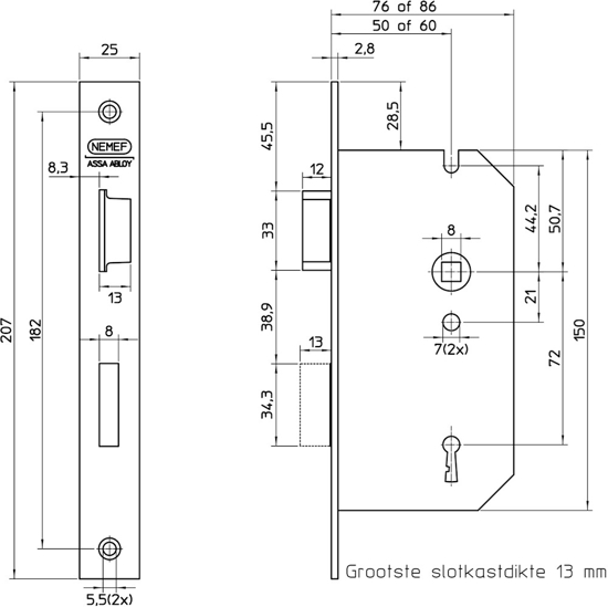 Afbeeldingen van 66/2-60 DR.2+4 BULK PER 5 DEURSLOT, DM60MM, S72MM, KRUKGAT 8MM, VOORPLAAT STAAL VERZINKT EN GELAKT 25X207MM RECHTHOEKIG, MESSING DAGSCHOOT EN ZAMAC VERZINKTE NACHTSCHOOT, 2 SLEUTELS, SLUITPLAAT P