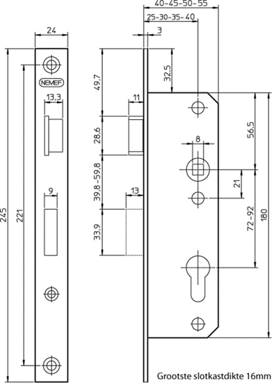 Afbeeldingen van 8691/14-25 DR.2+4 DEURSLOT, DM25MM, PC72MM, KRUKGAT 8MM, VOORPLAAT STAAL VERZINKT 24X245MM RECHTHOEKIG, MESSING DAG- EN NACHTSCHOOT, DR 2+4.