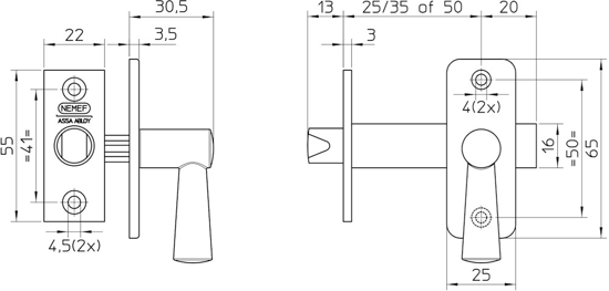 Afbeeldingen van 2600/4-25 BULK PER 10 INSTEEKGRENDEL, DM25MM, VOORPLAAT F1 GEELOXEERD 22X55MM RECHTHOEKIG, F1 GEELOXEERD GREEPJE, ROZET, SLUITPLAAT EN BUISSTUK, SCHOOT ZAMAC VERZINKT, BULKVERPAKKING, PER 10 S