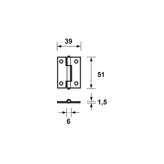 Afbeeldingen van ONGELAGERD SMAL SCHARNIER/51X39X1.5/RECHTHOEK/STAAL VERZINKT