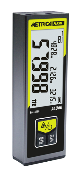 Afbeeldingen van LASERAFSTANDSMETER MET MEETBEREIK TOT 60 METER. RODE LASERSTRAAL, MET FUNCTIES: METEN, CONTINUEMETING, OPPERVLAKTE BEREKENING, VOLUME BEREKENING. EN P